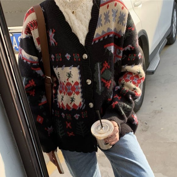 vintage retro oversized v-neck cardigan - Picture 3 of 3